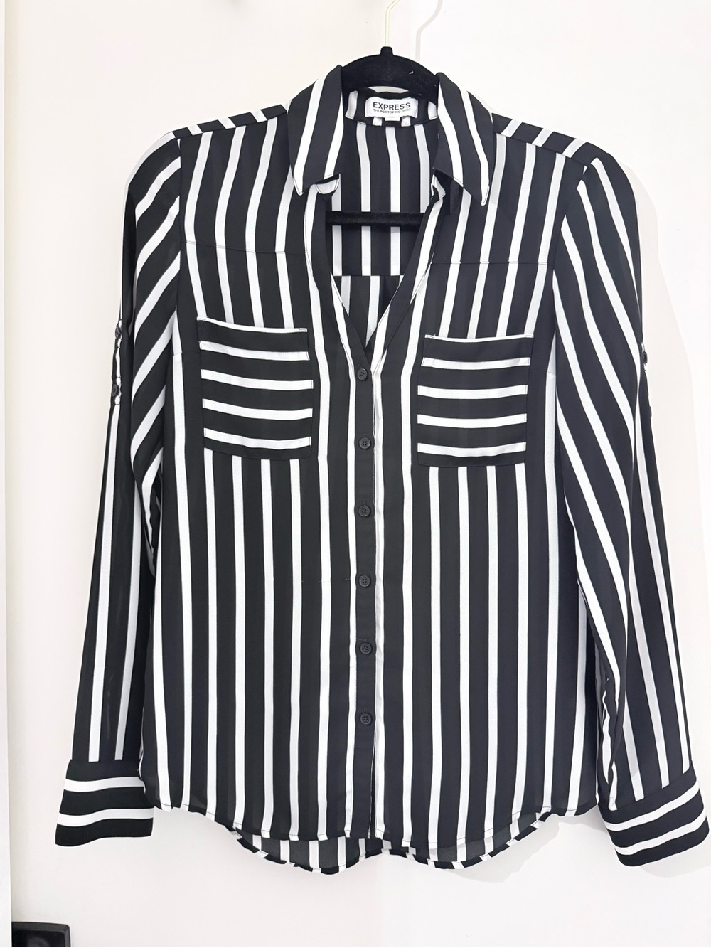 Express The Portifino Black and White Vertical Stripe Button Down Shirt Size XS